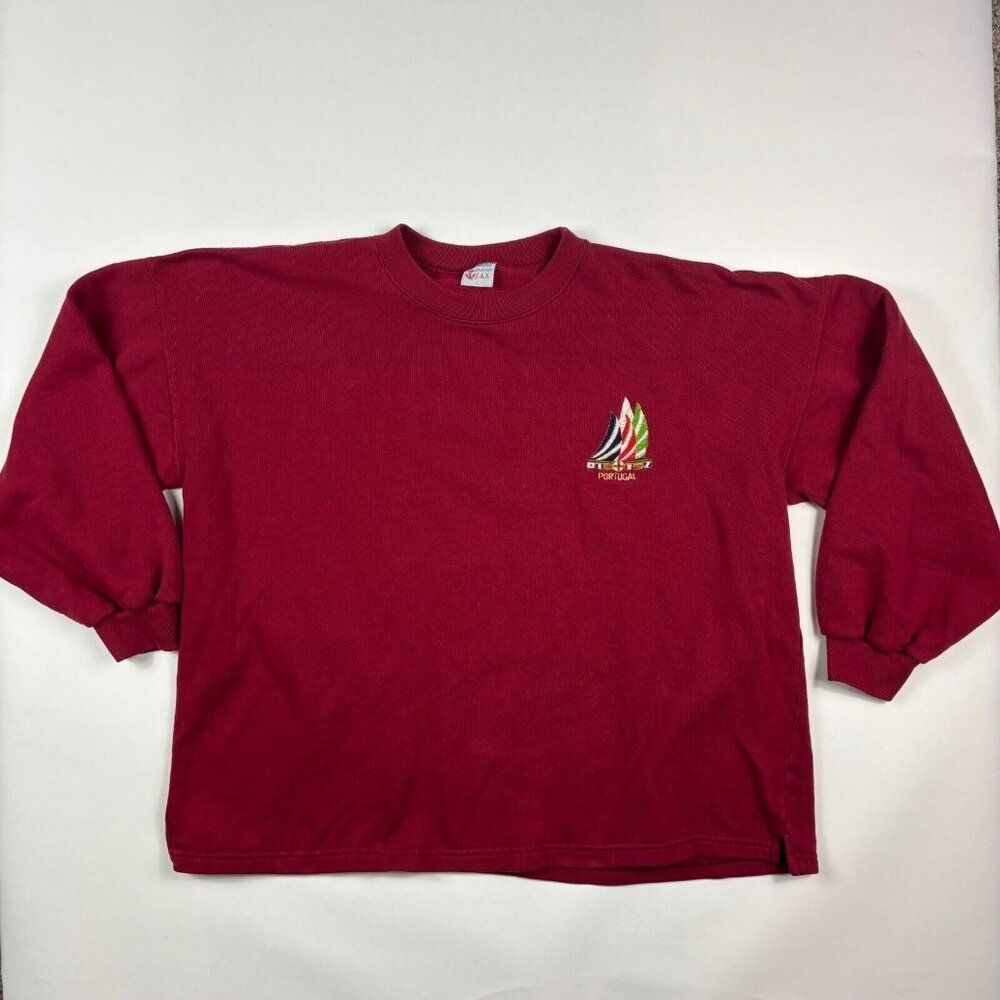 Vintage Portugal Sweatshirt Mens L Red 80s Oversized Travel Embroidered Tourist